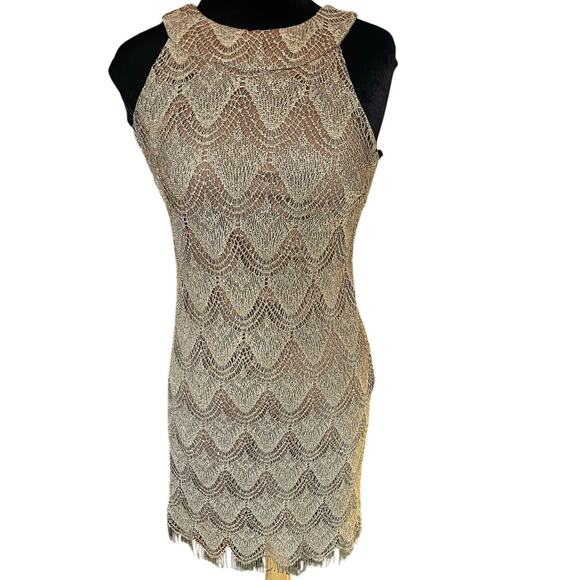 Vintage 90’s does 30’s SL Fashions Gold Fringe Gatsby Halter Dress 10 Medium - Picture 1 of 8